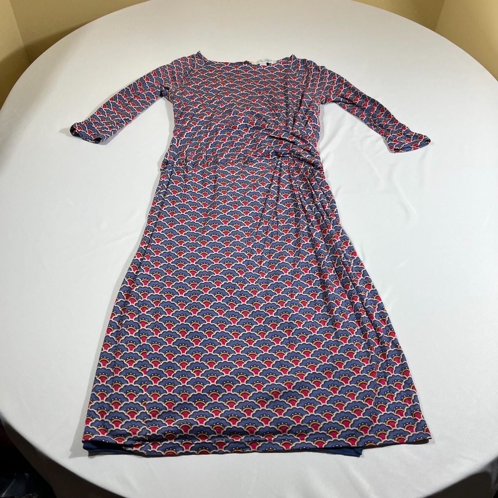 Boden Dress US 10L UK 14L Blue Art Deco Wave Fan Knit Ruched Sheath Midi